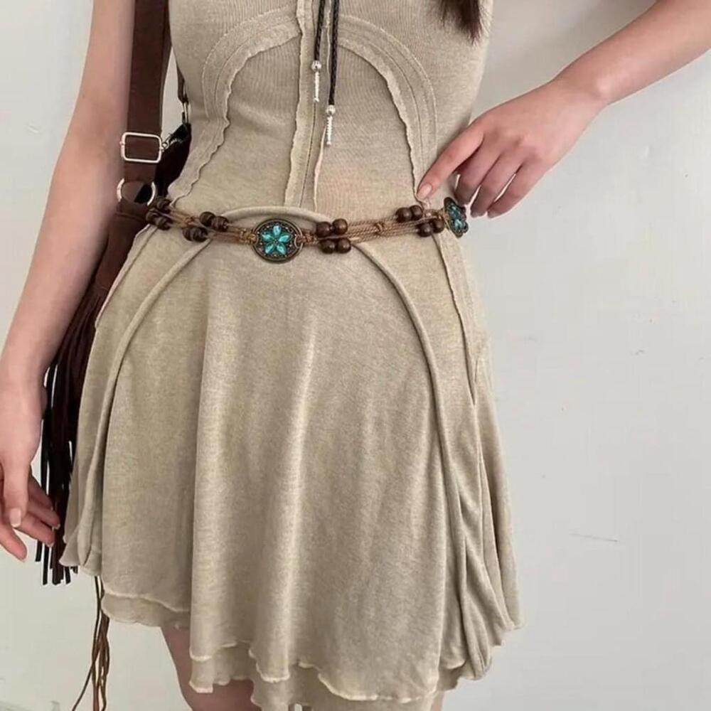 Boho Woven Adjustable Rope Belt With Blue Flower Design